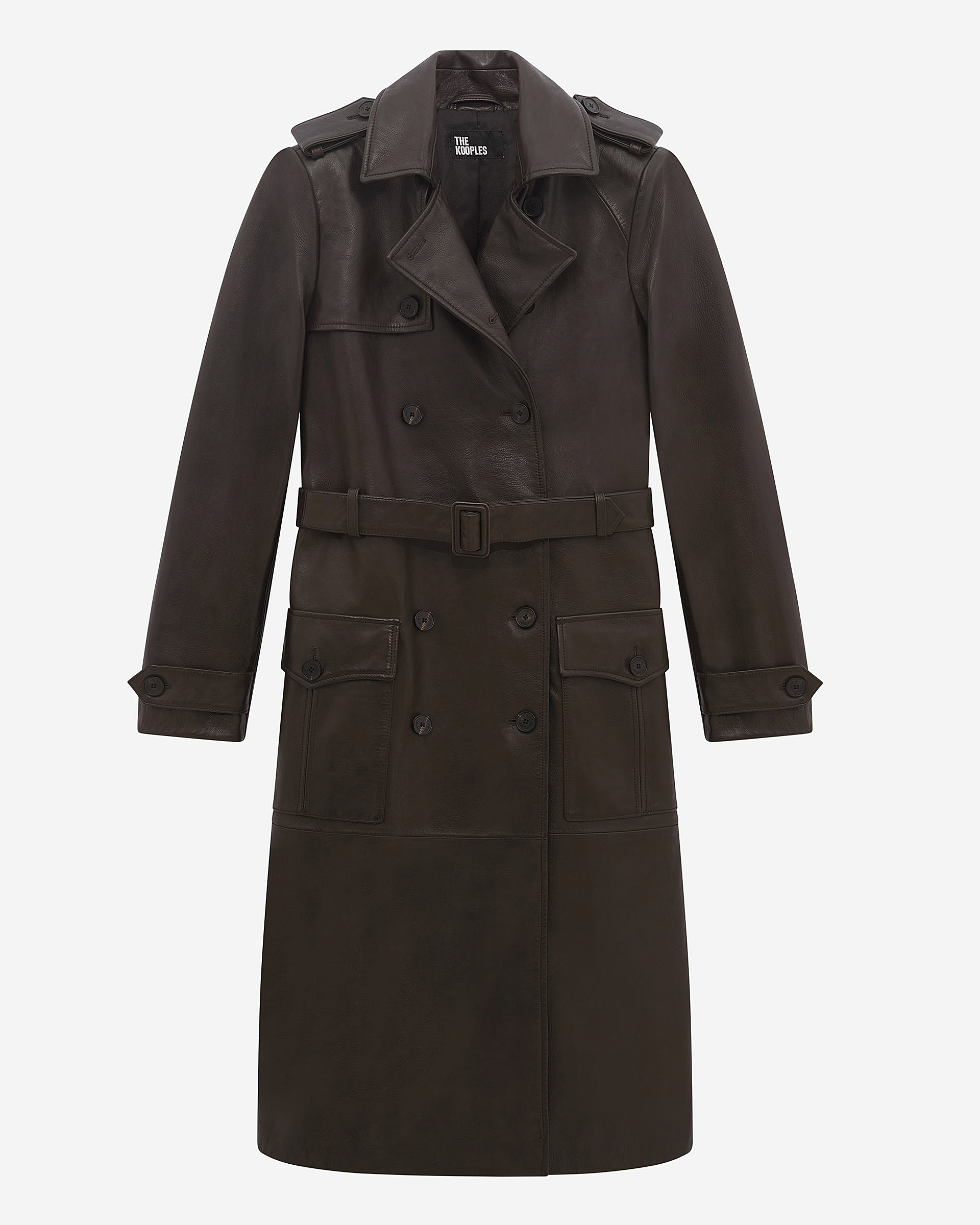 Long brown leather trench coat