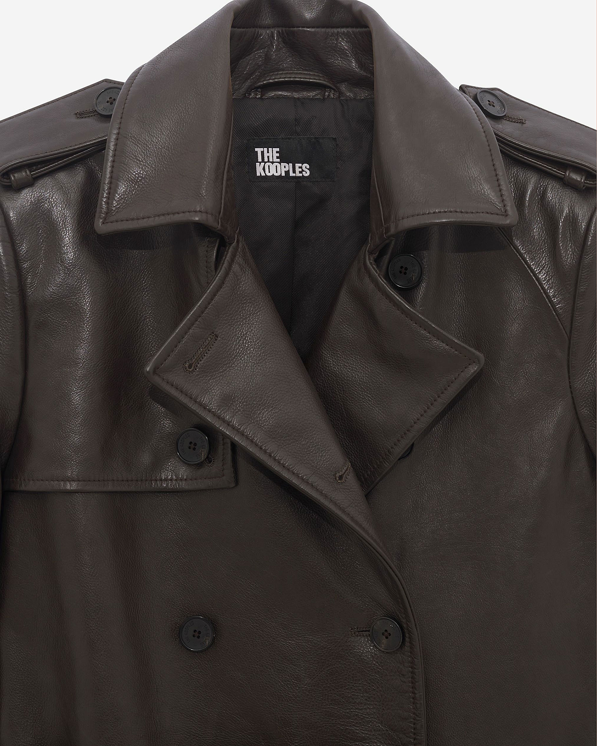 Long brown leather trench coat