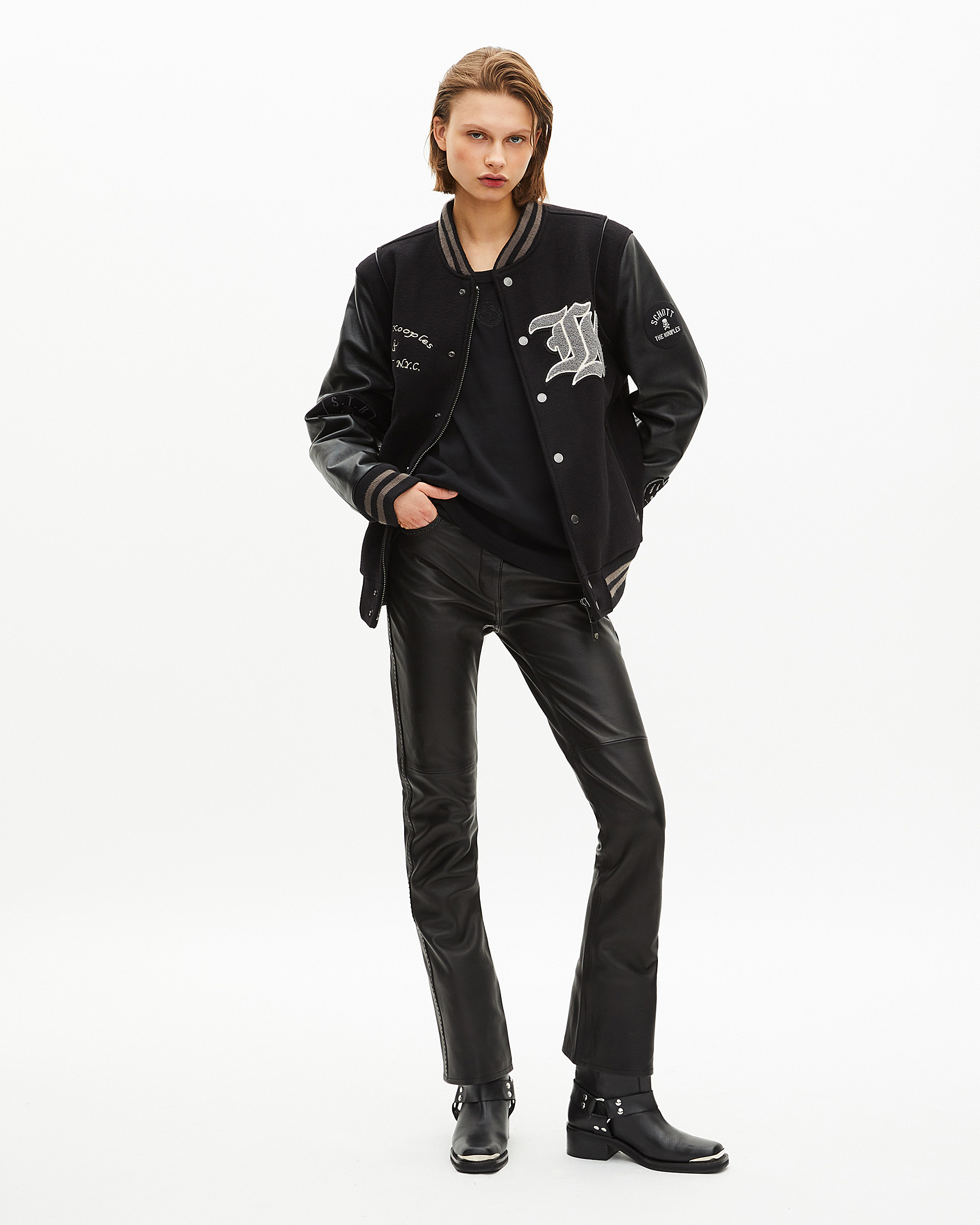 The Kooples x SCHOTT NYC black leather varsity jacket
