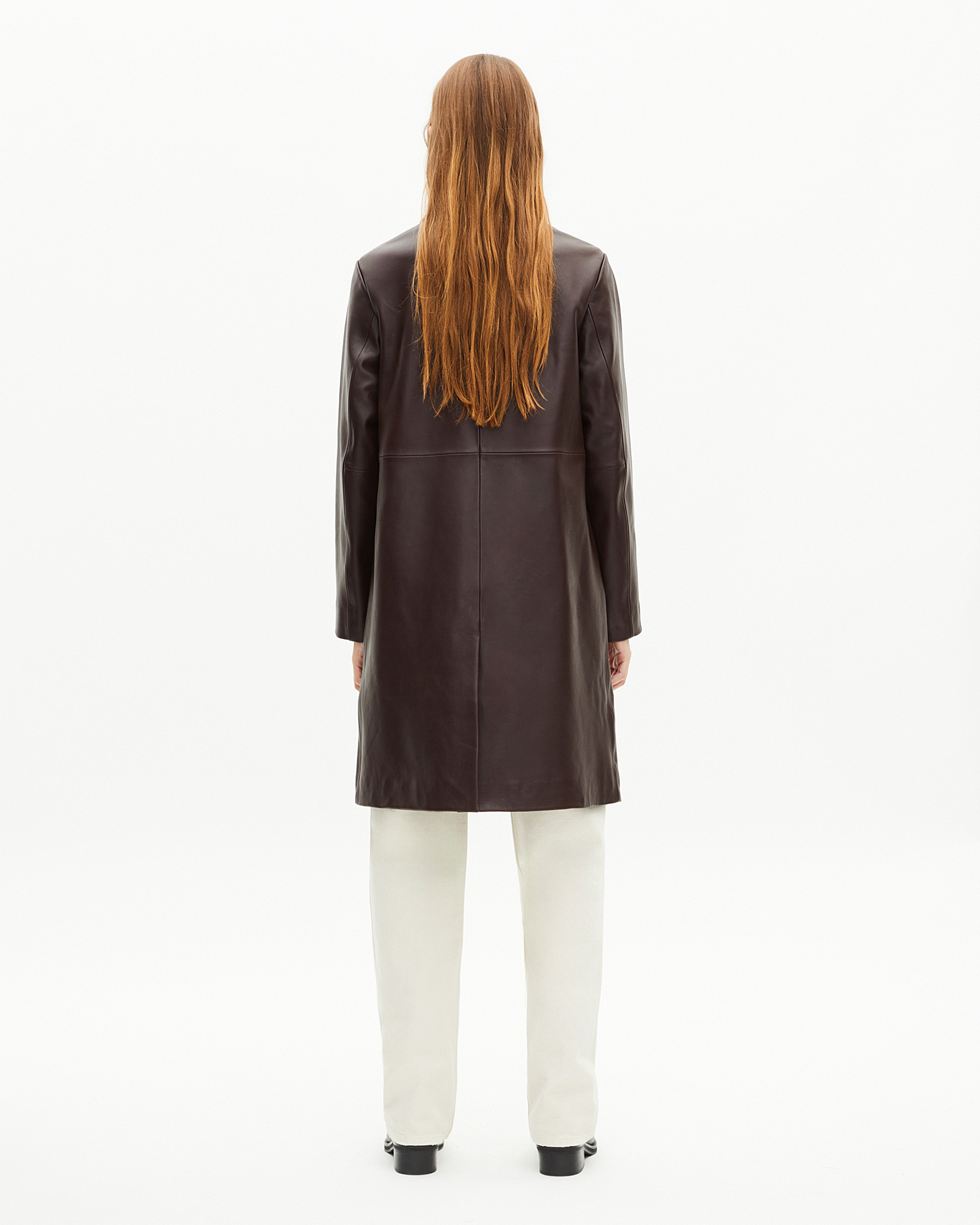 Long burgundy leather coat