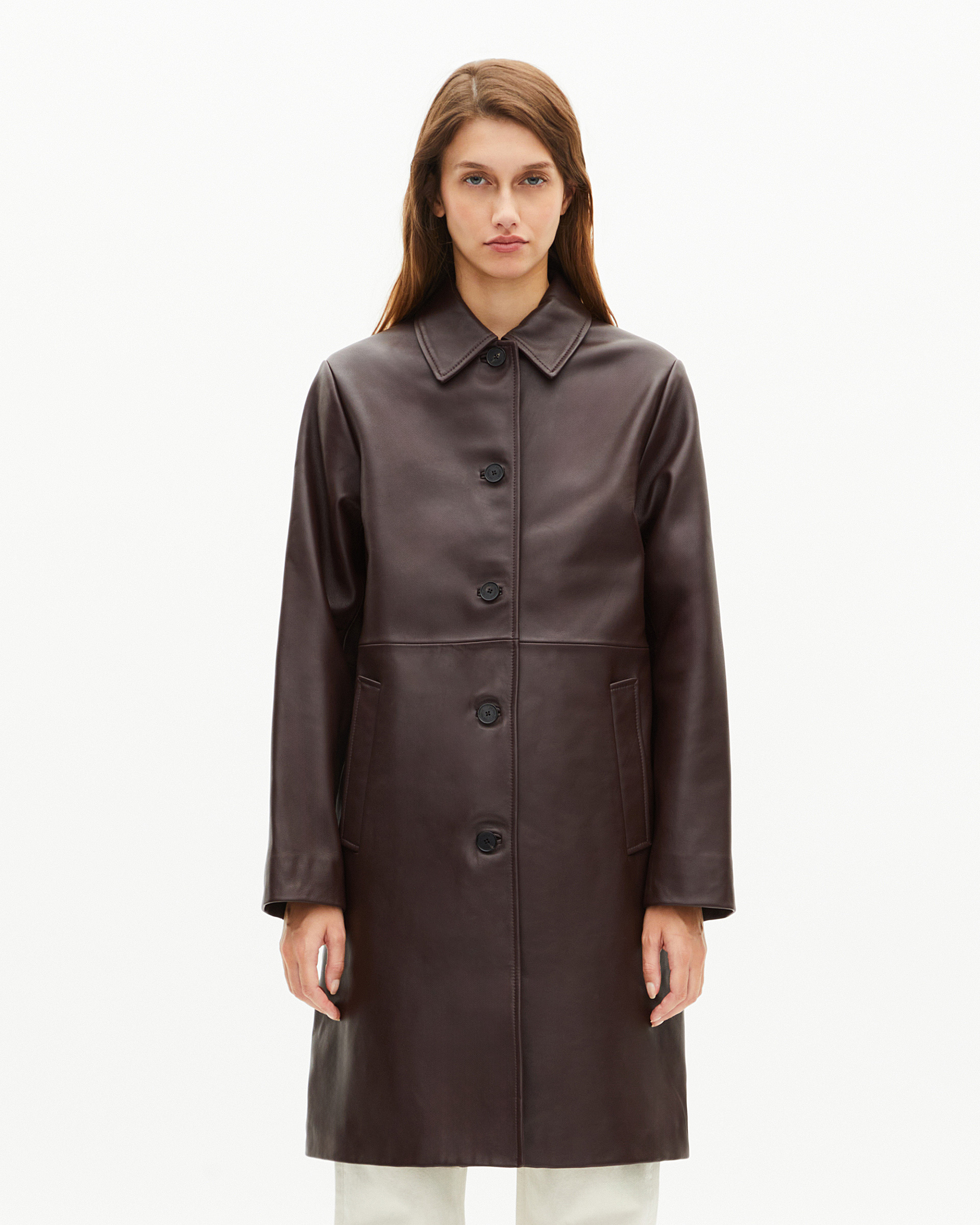 Long burgundy leather coat