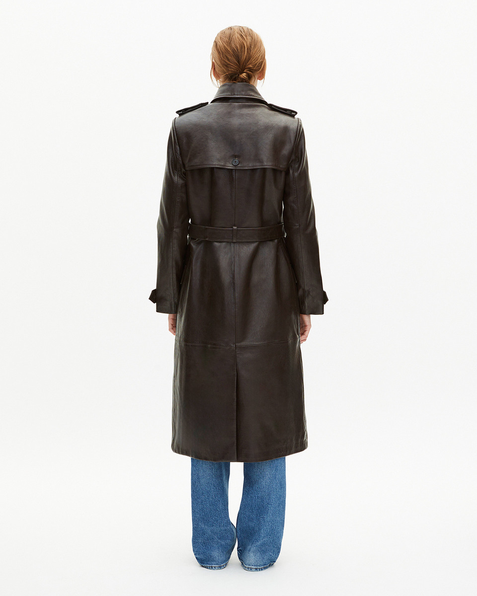Long brown leather trench coat