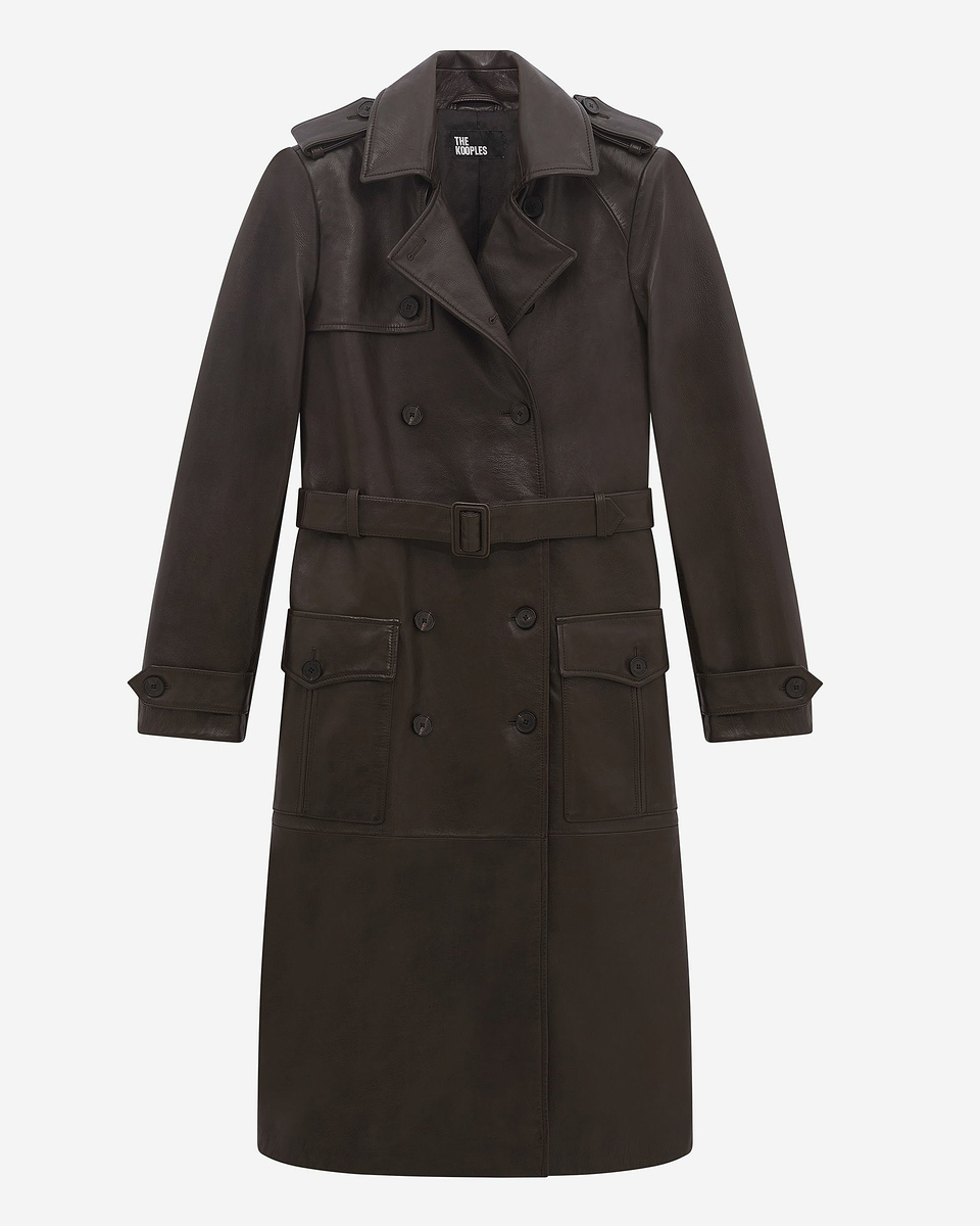 Long brown leather trench coat