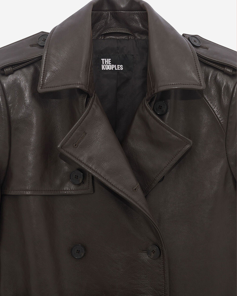 Long brown leather trench coat