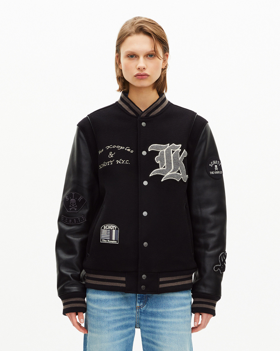 The Kooples x SCHOTT NYC black leather varsity jacket