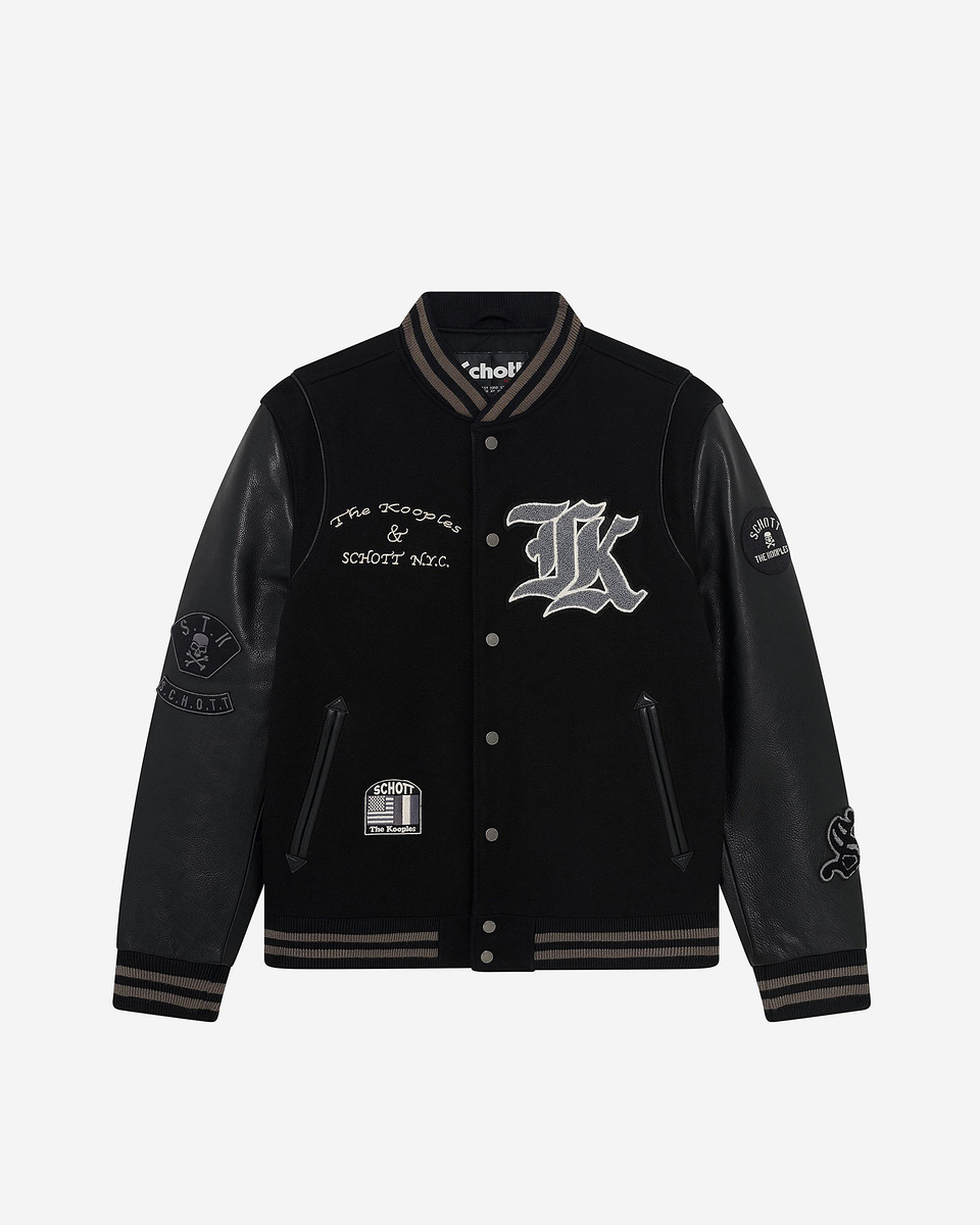 The Kooples x SCHOTT NYC black leather varsity jacket