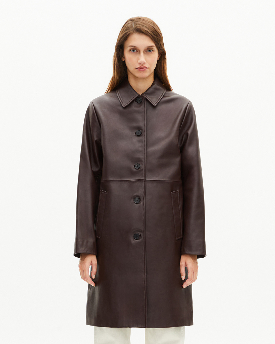 Long burgundy leather coat