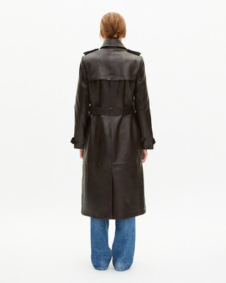 Long brown leather trench coat