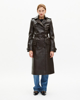 Long brown leather trench coat