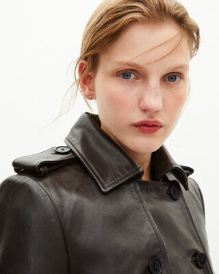 Long brown leather trench coat