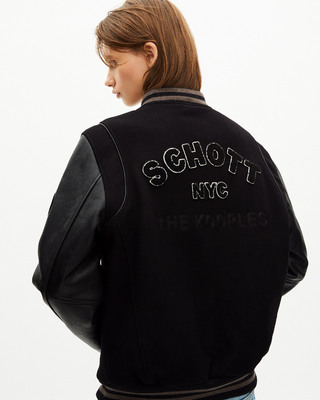 The Kooples x SCHOTT NYC black leather varsity jacket
