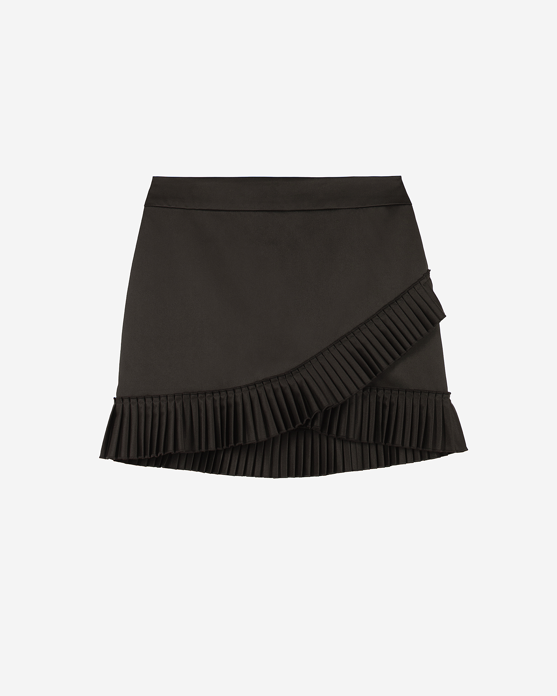 Black satin wrap-style short skirt