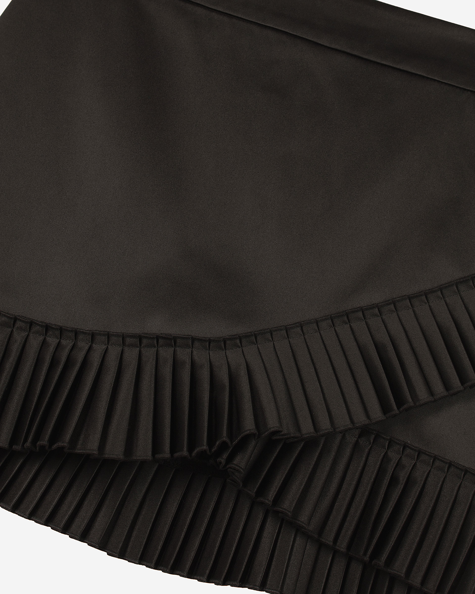 Black satin wrap-style short skirt