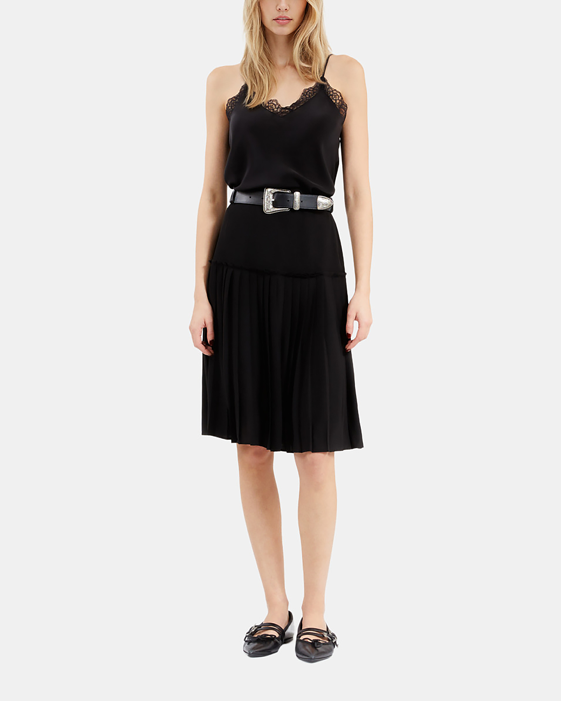 Black pleated midi skirt