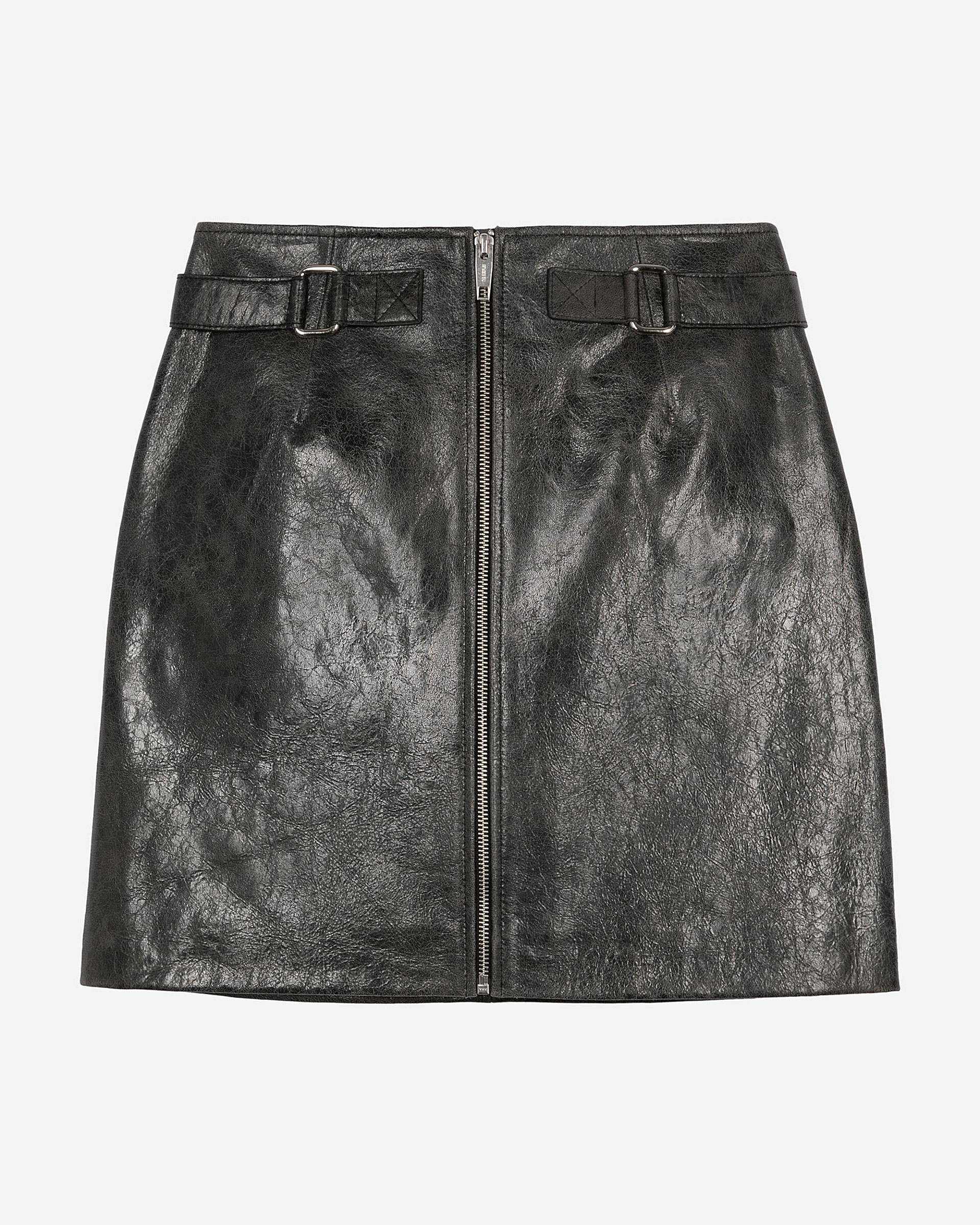 Black leather zipped short skirt