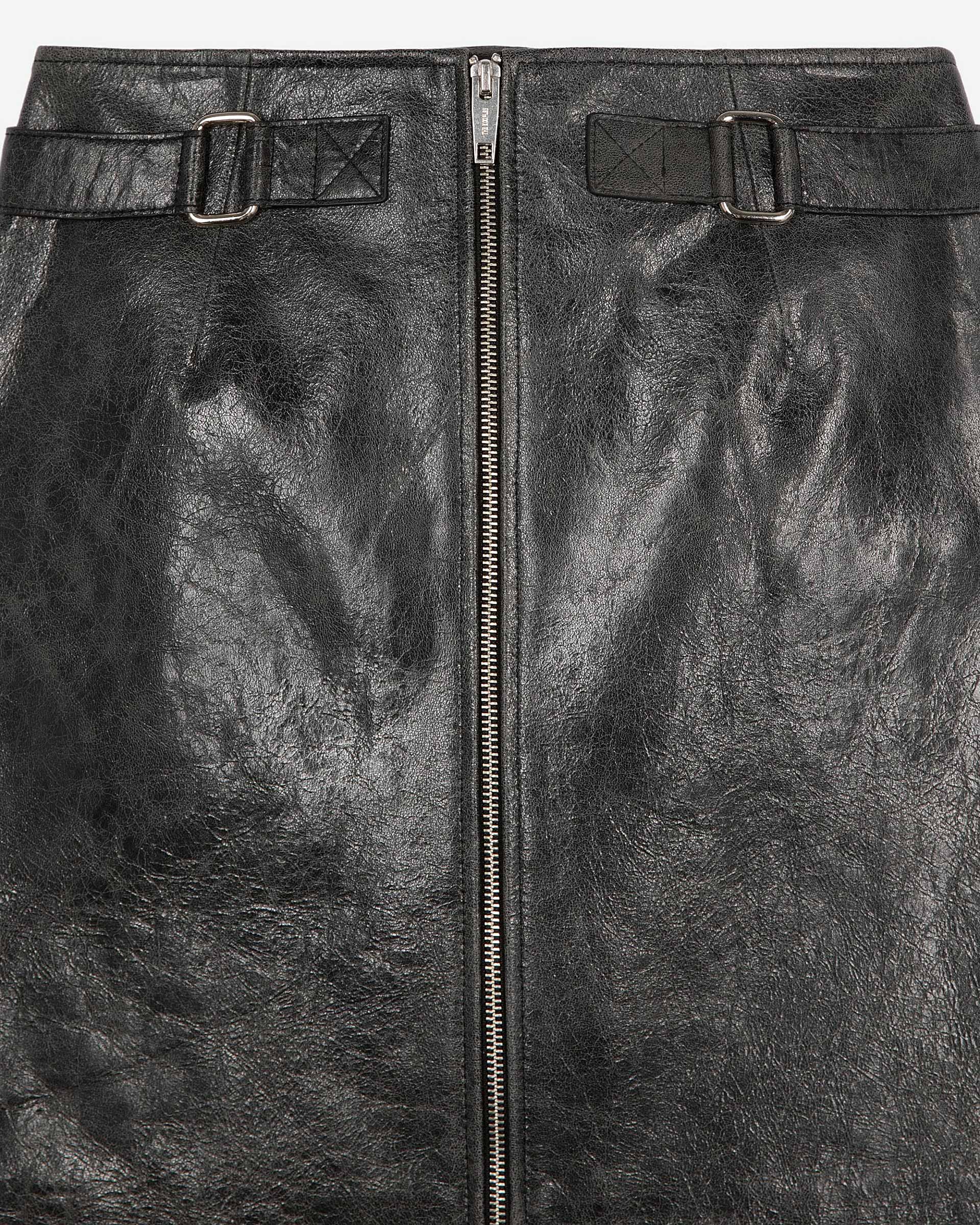 Black leather zipped short skirt