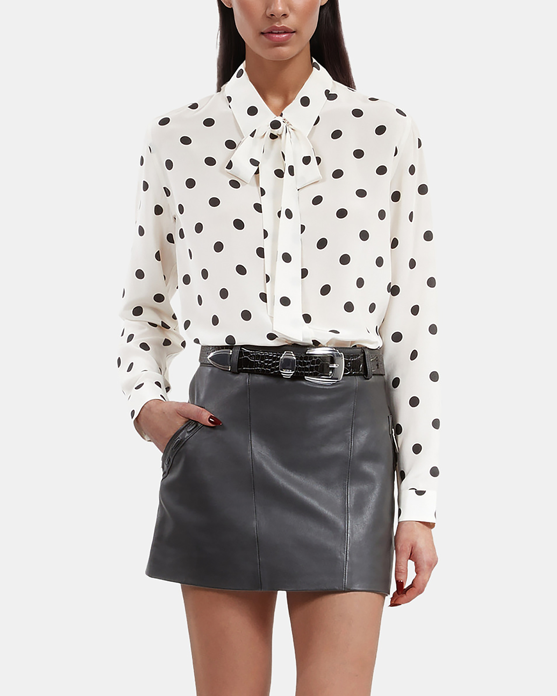 Short black leather skirt