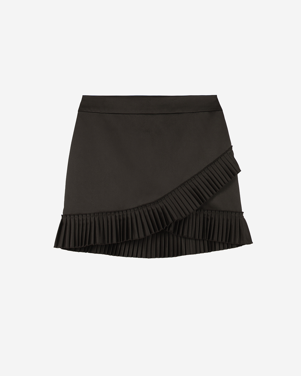 Black satin wrap-style short skirt