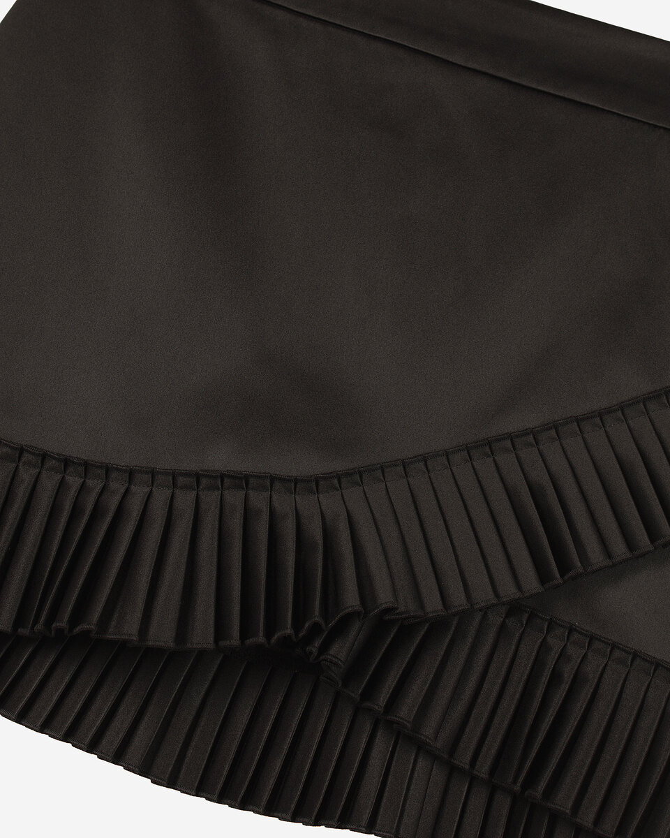 Black satin wrap-style short skirt