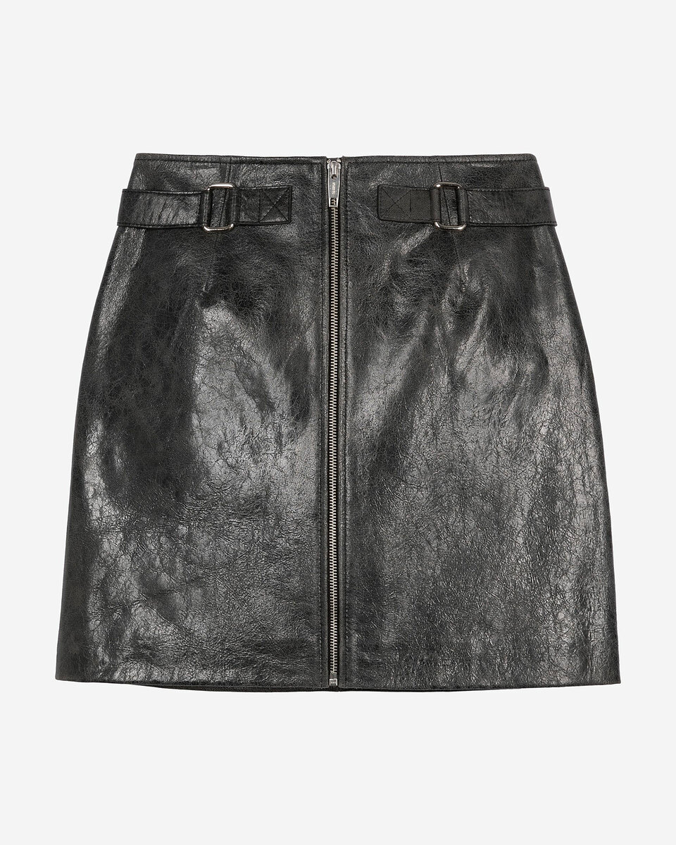 Black leather zipped short skirt