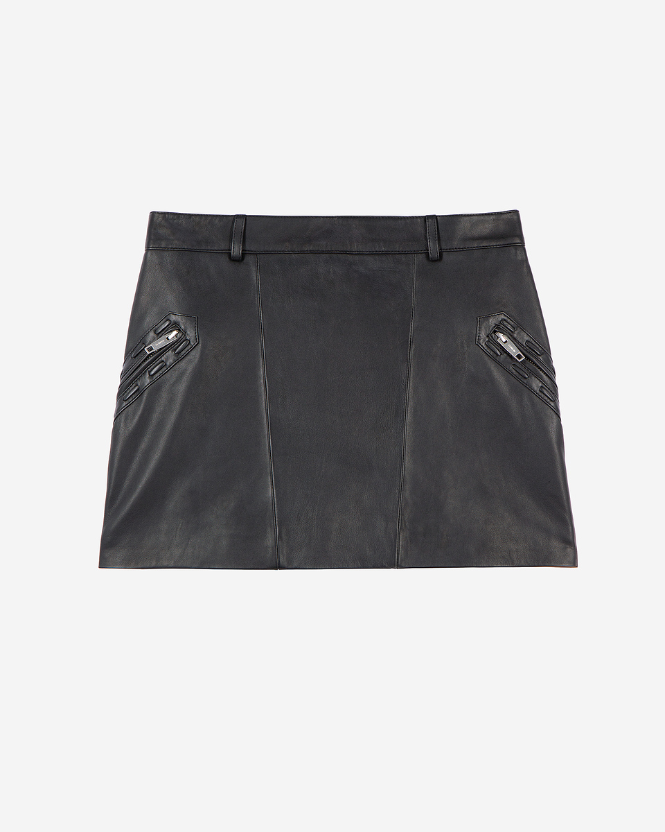 Short black leather skirt