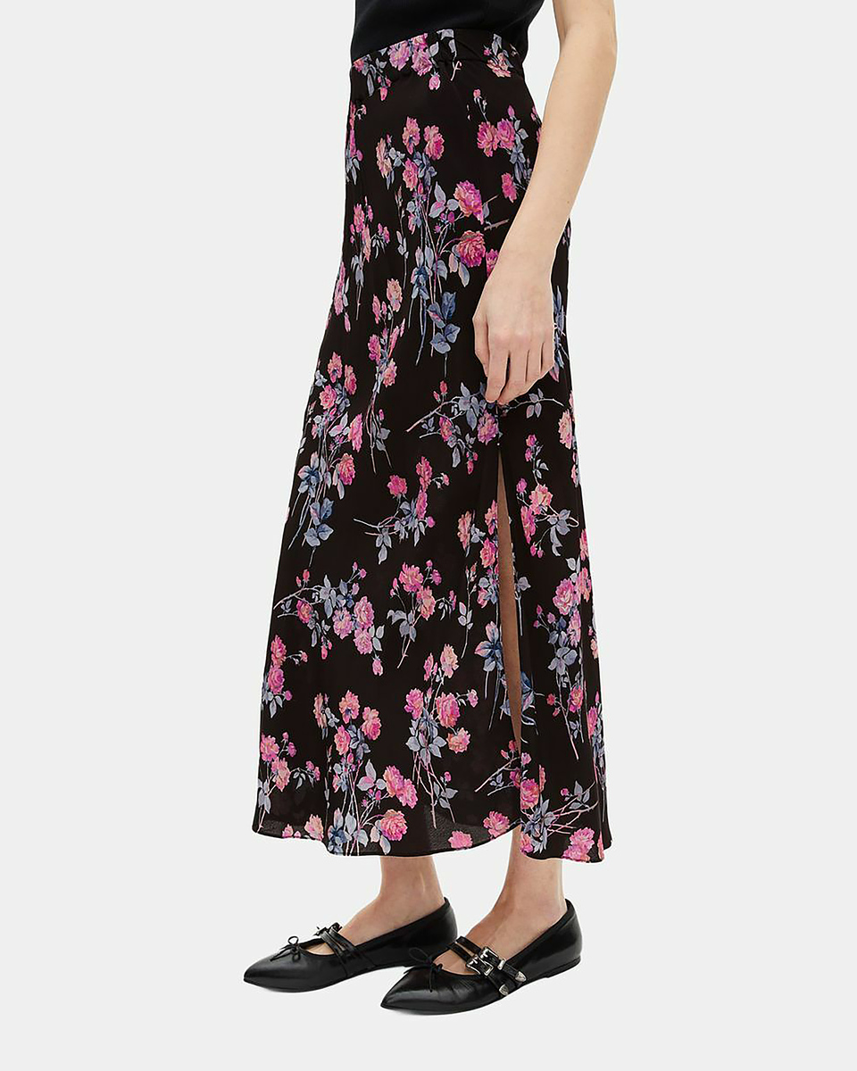 Black floral print long skirt