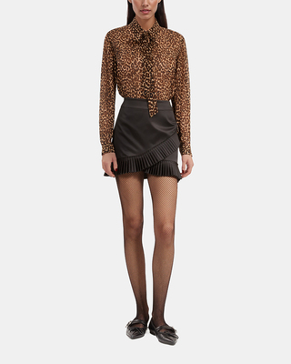 Black satin wrap-style short skirt