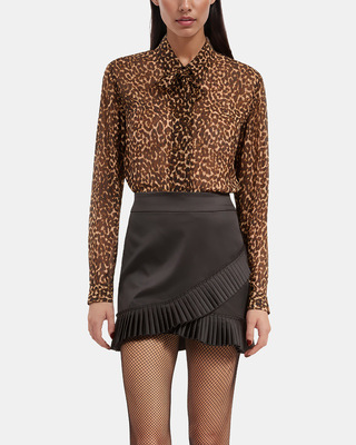 Black satin wrap-style short skirt