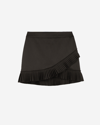 Black satin wrap-style short skirt