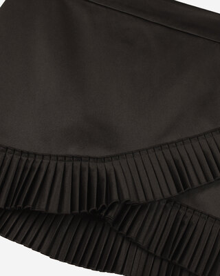 Black satin wrap-style short skirt