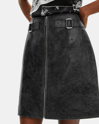 Black leather zipped short skirt