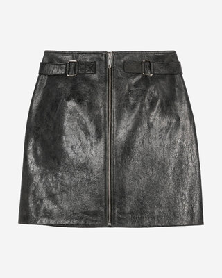Black leather zipped short skirt