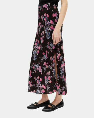 Black floral print long skirt