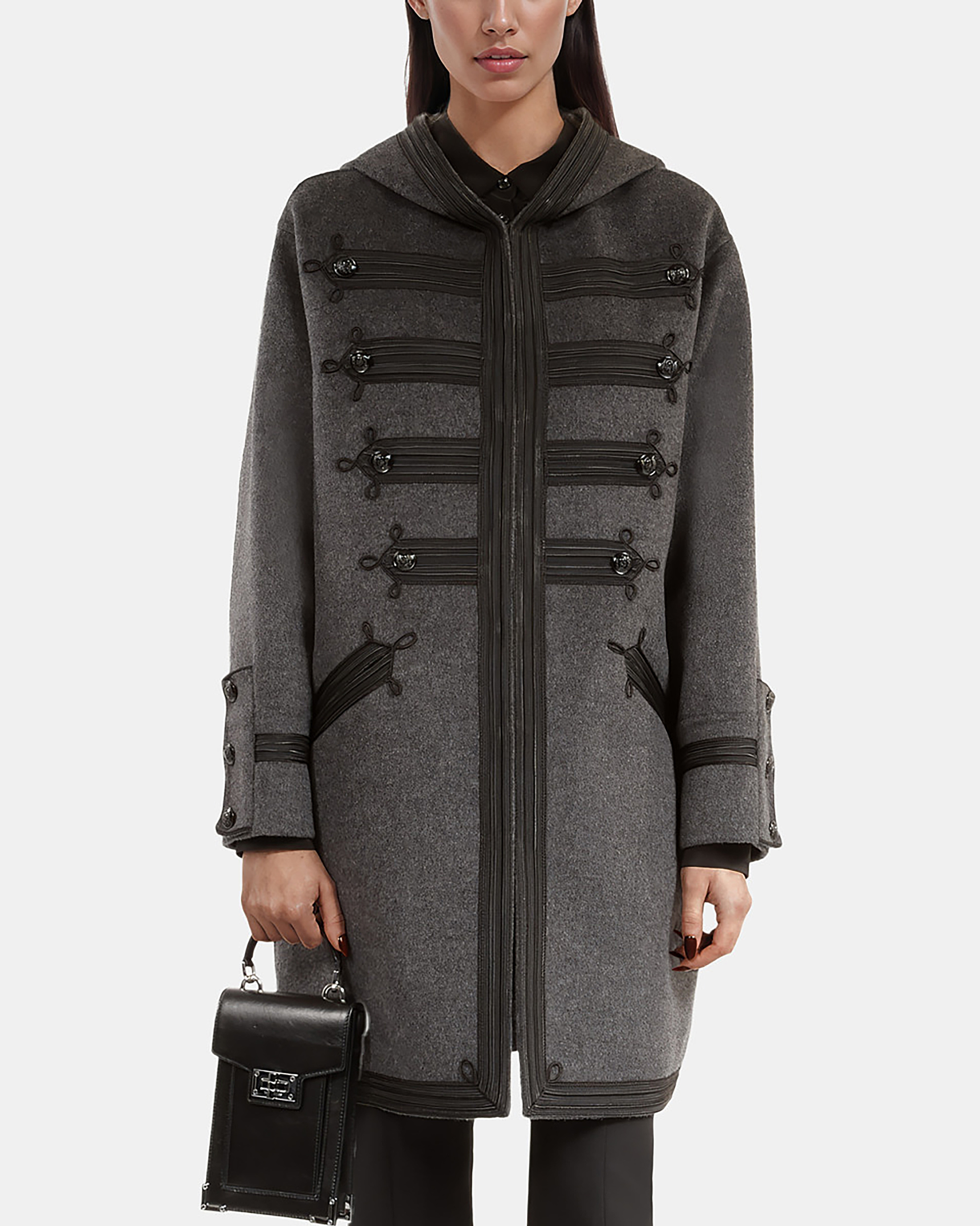 Long gray wool hooded pea coat