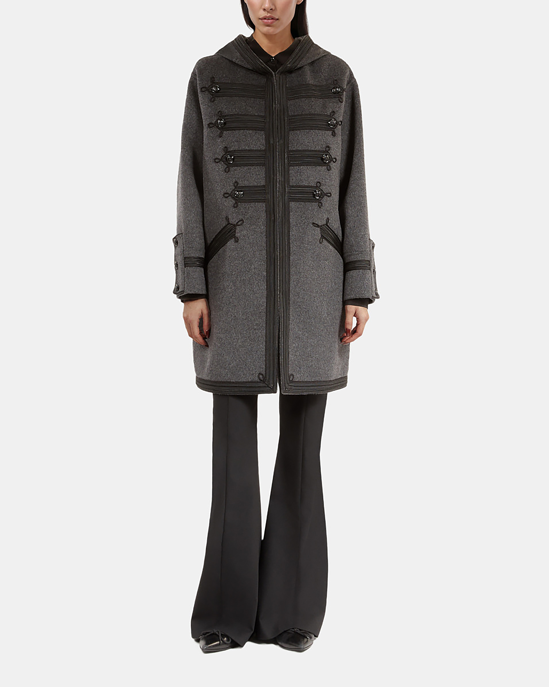 Long gray wool hooded pea coat