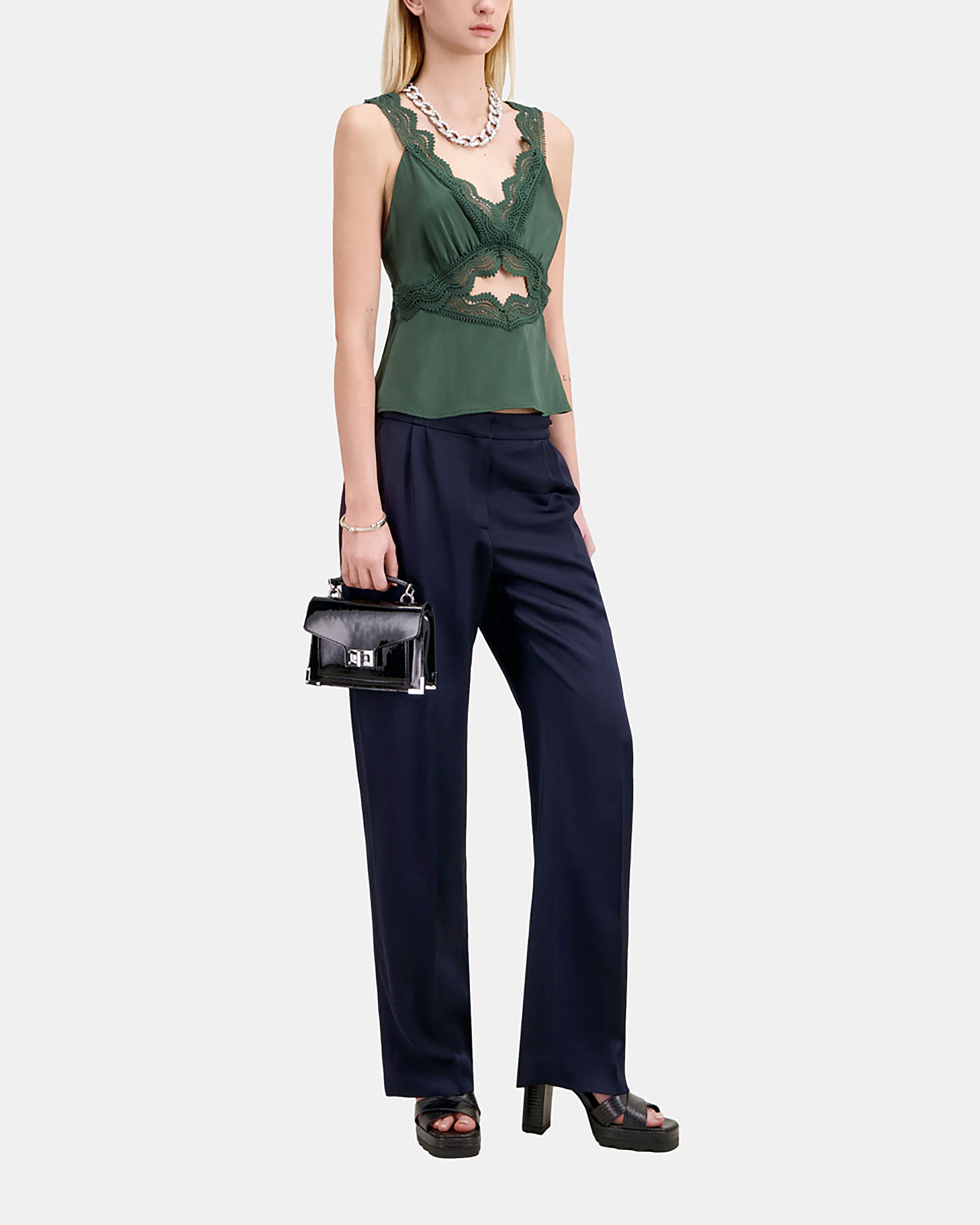 Navy blue trousers with chains