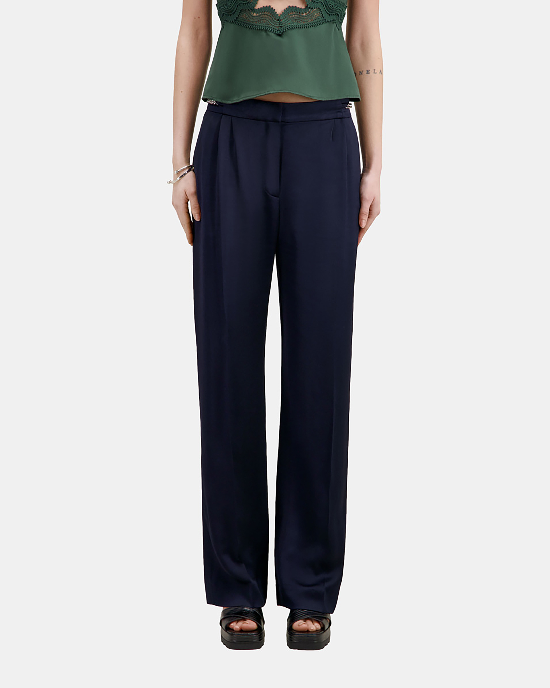 Navy blue trousers with chains