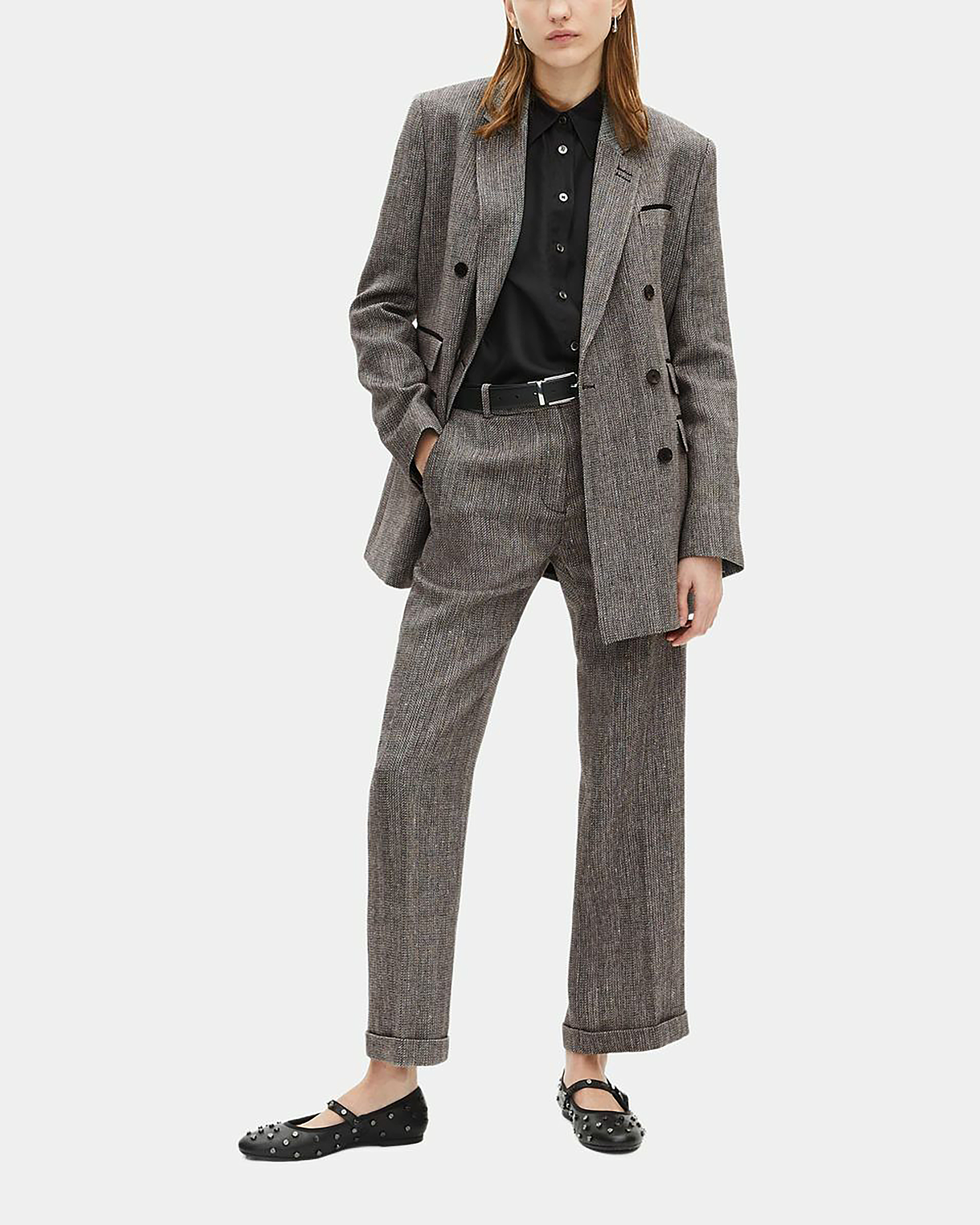 Grey wool and linen straight-leg tailored pants