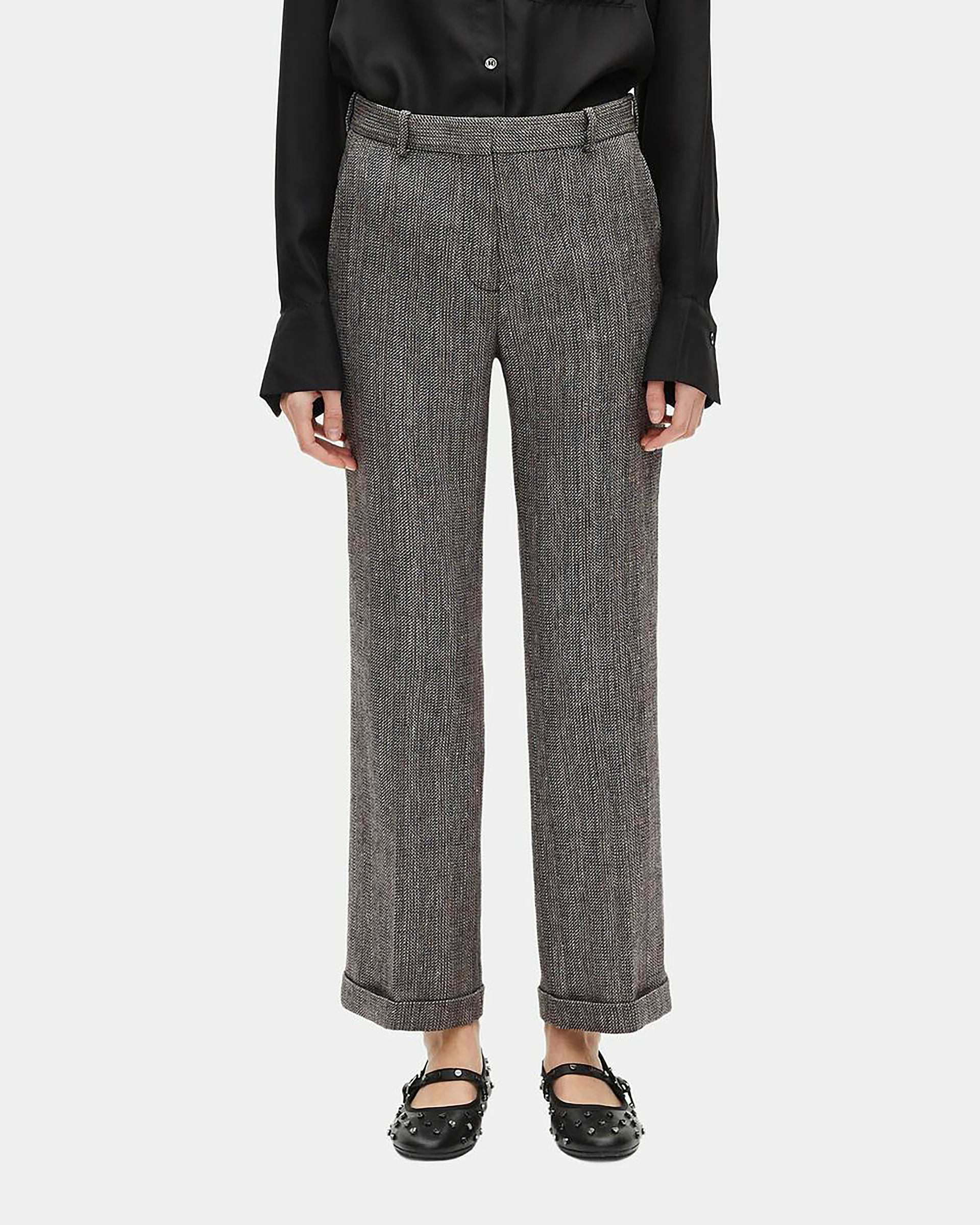 Grey wool and linen straight-leg tailored pants