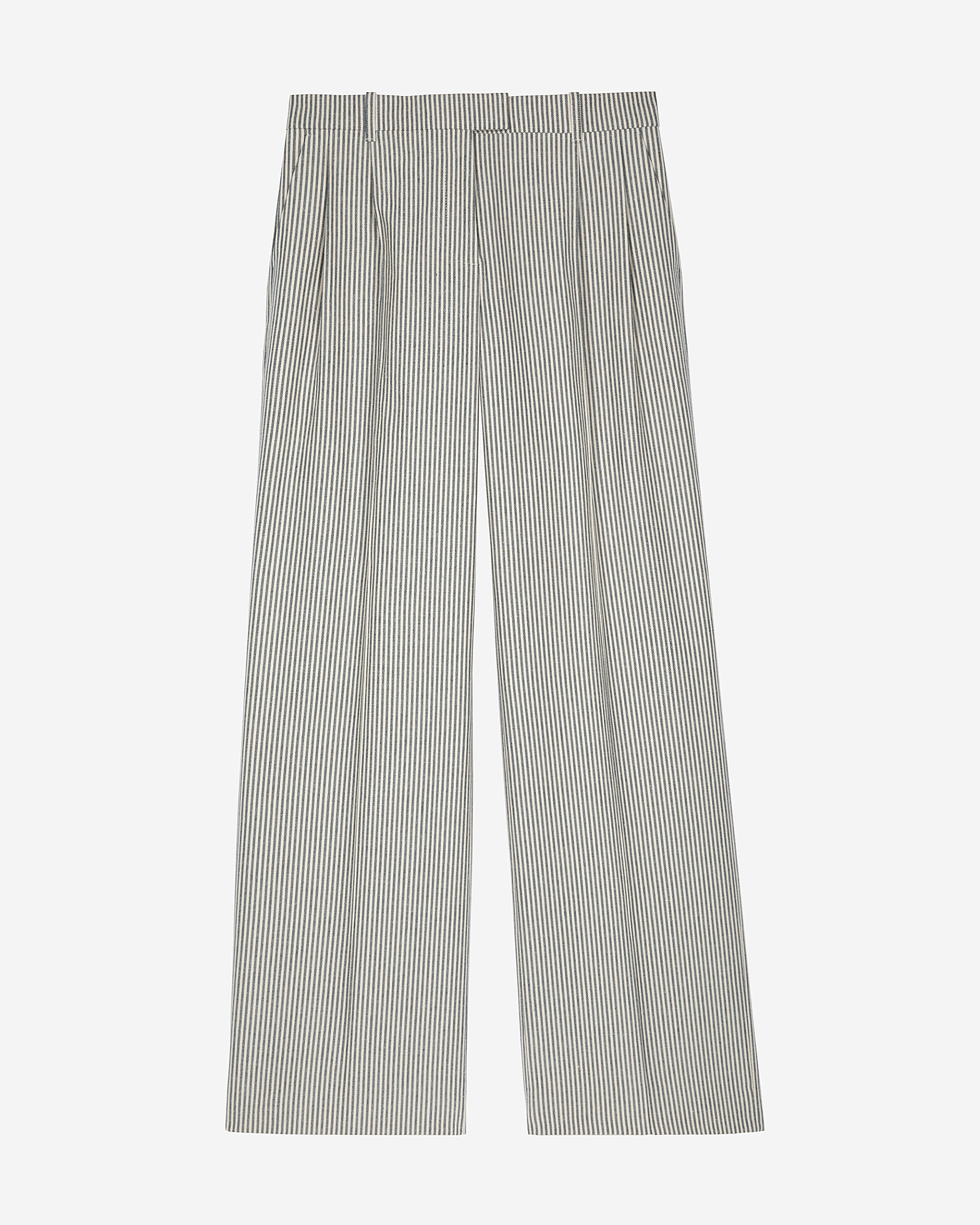 Loose-fitting striped pants in white cotton and linen