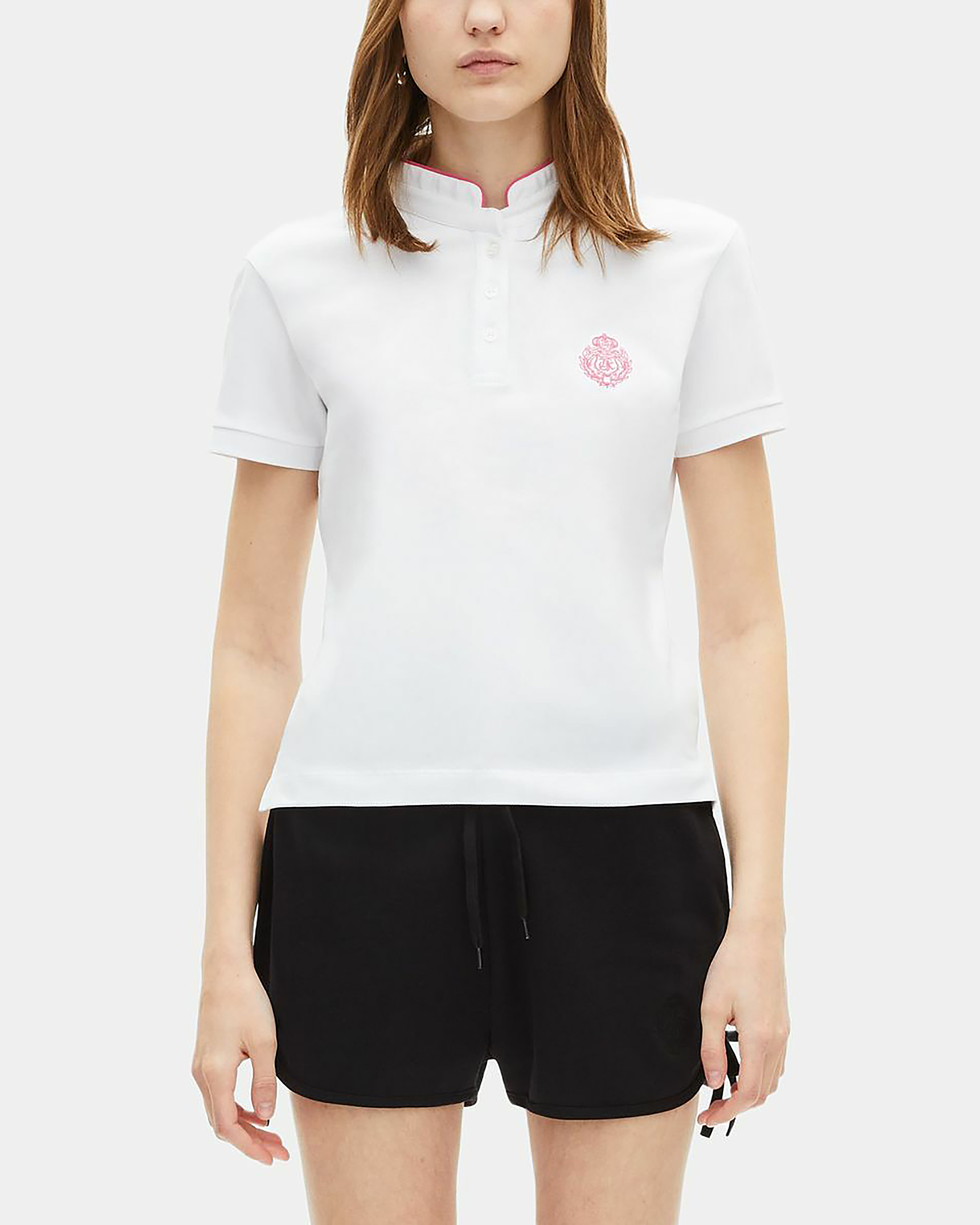 White mandarin collar polo shirt