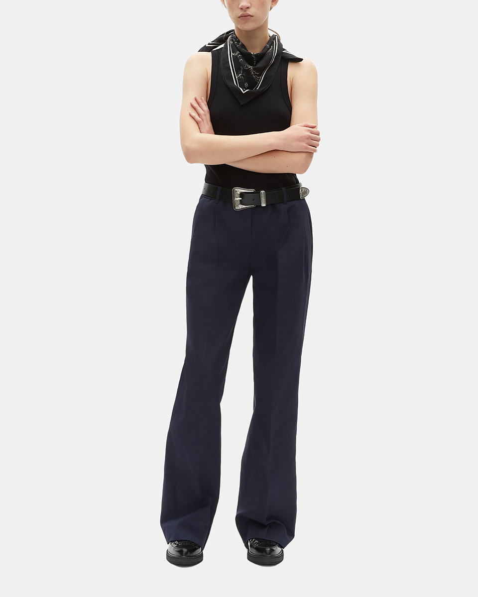 Straight-leg pants in navy cotton and linen