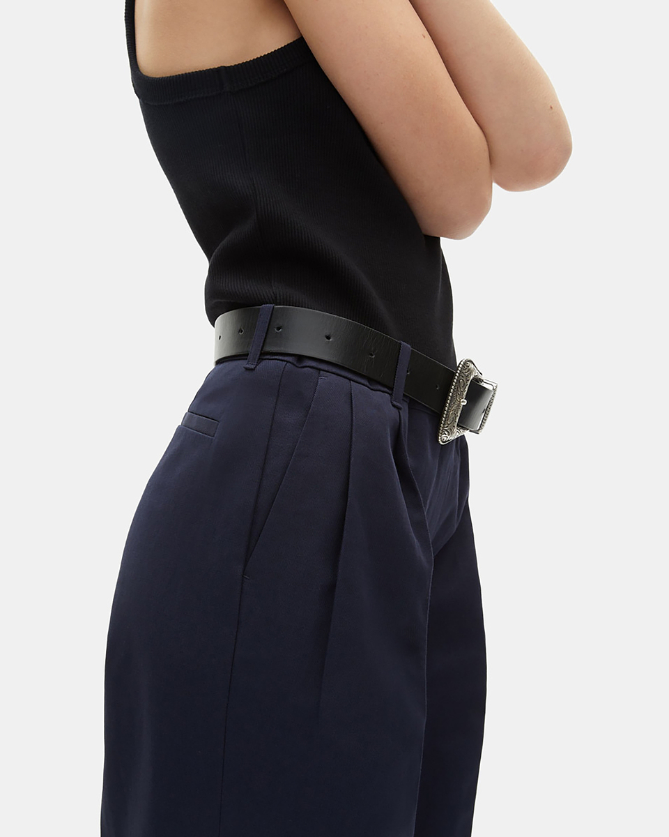 Straight-leg pants in navy cotton and linen