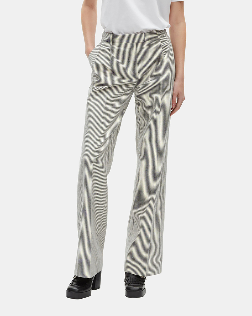 Loose-fitting striped pants in white cotton and linen