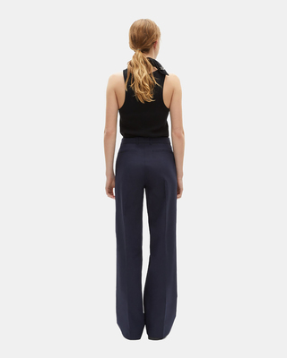 Straight-leg pants in navy cotton and linen