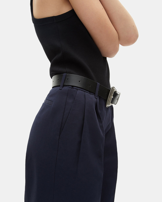 Straight-leg pants in navy cotton and linen