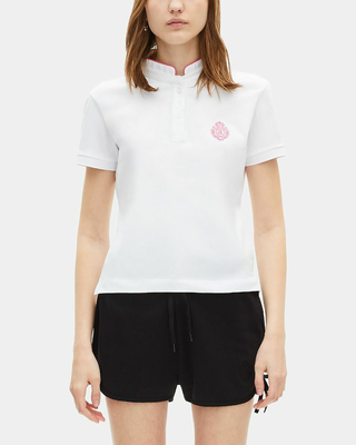 White mandarin collar polo shirt