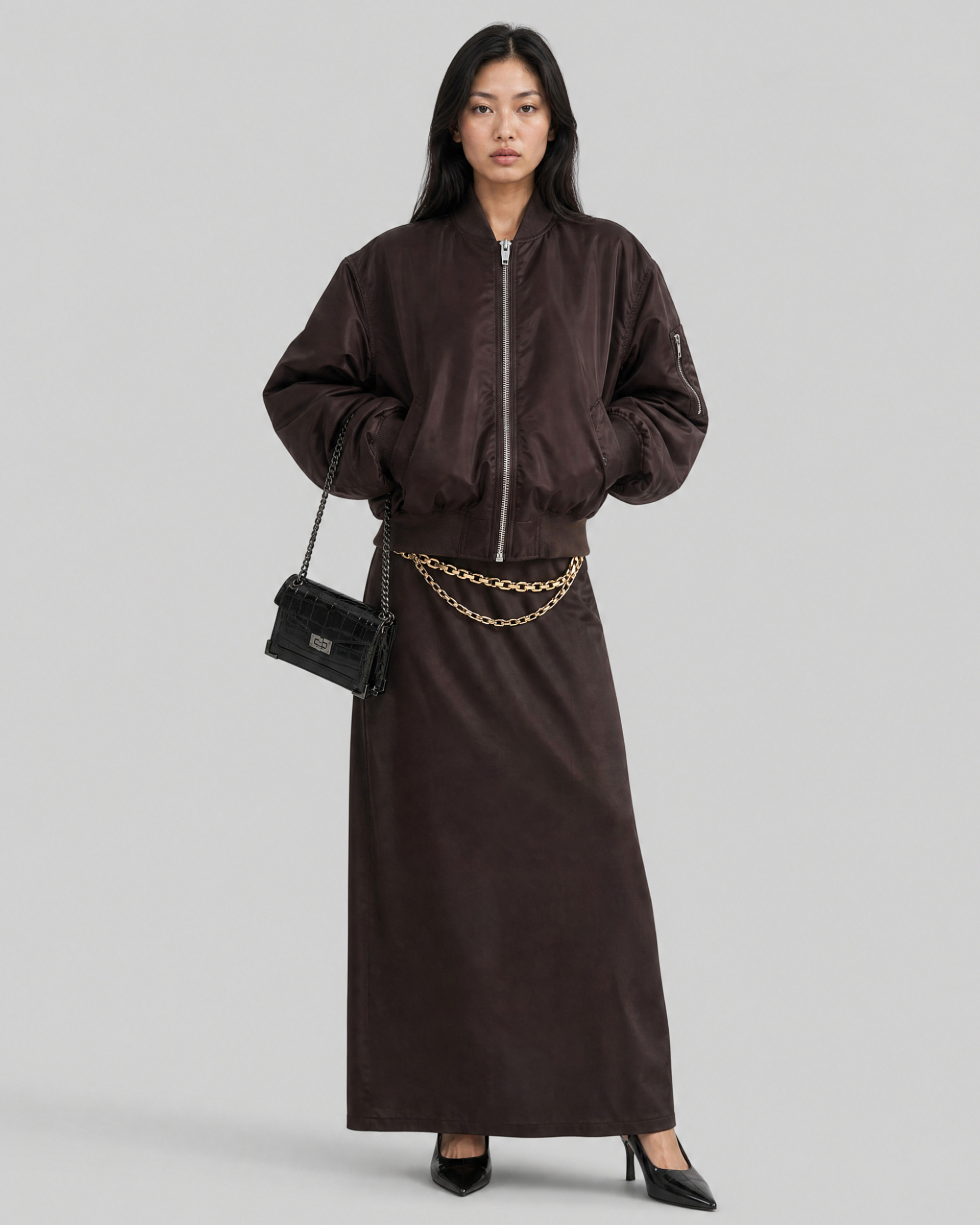 Oversized brown bomber jacket