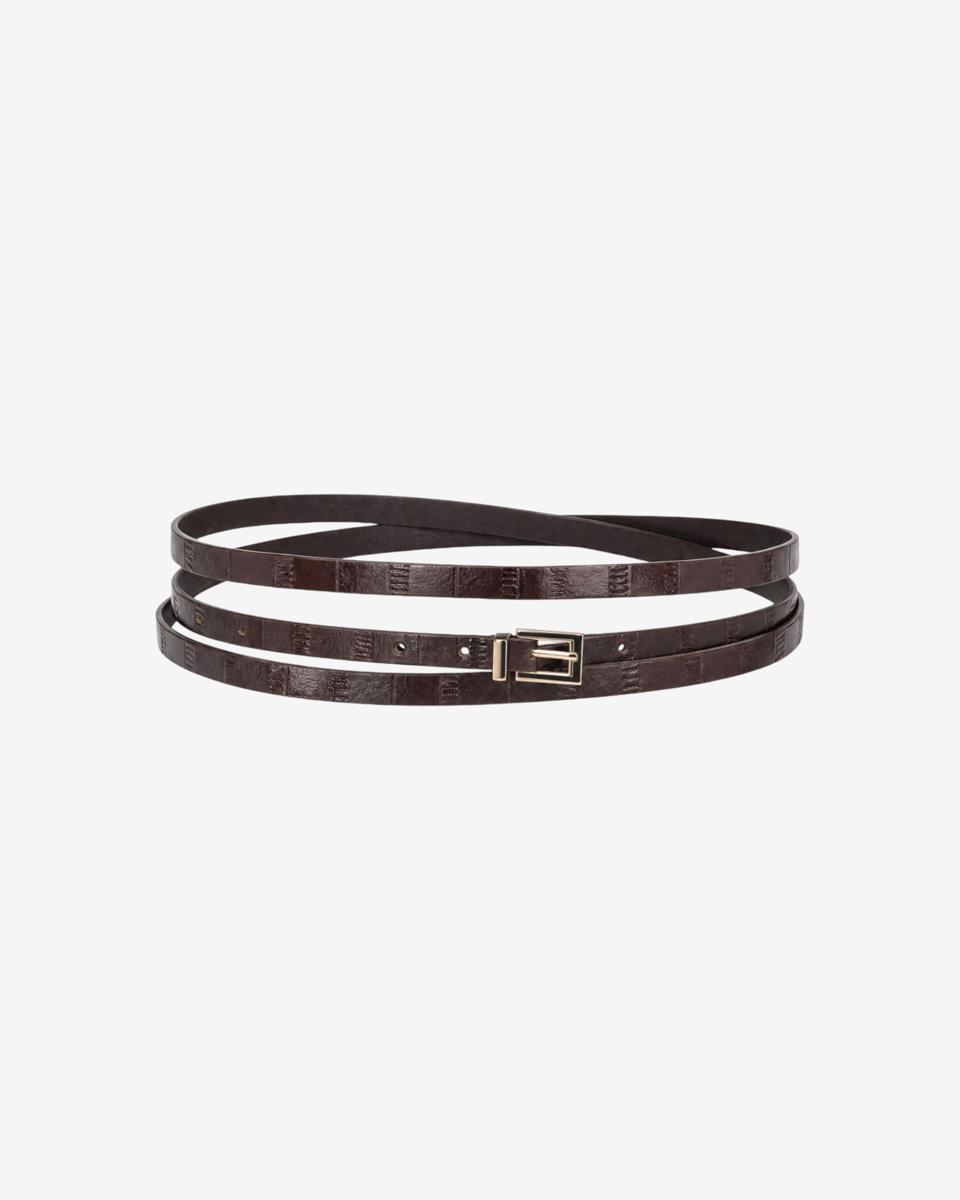 Thin brown leather belt with an eel-like texture