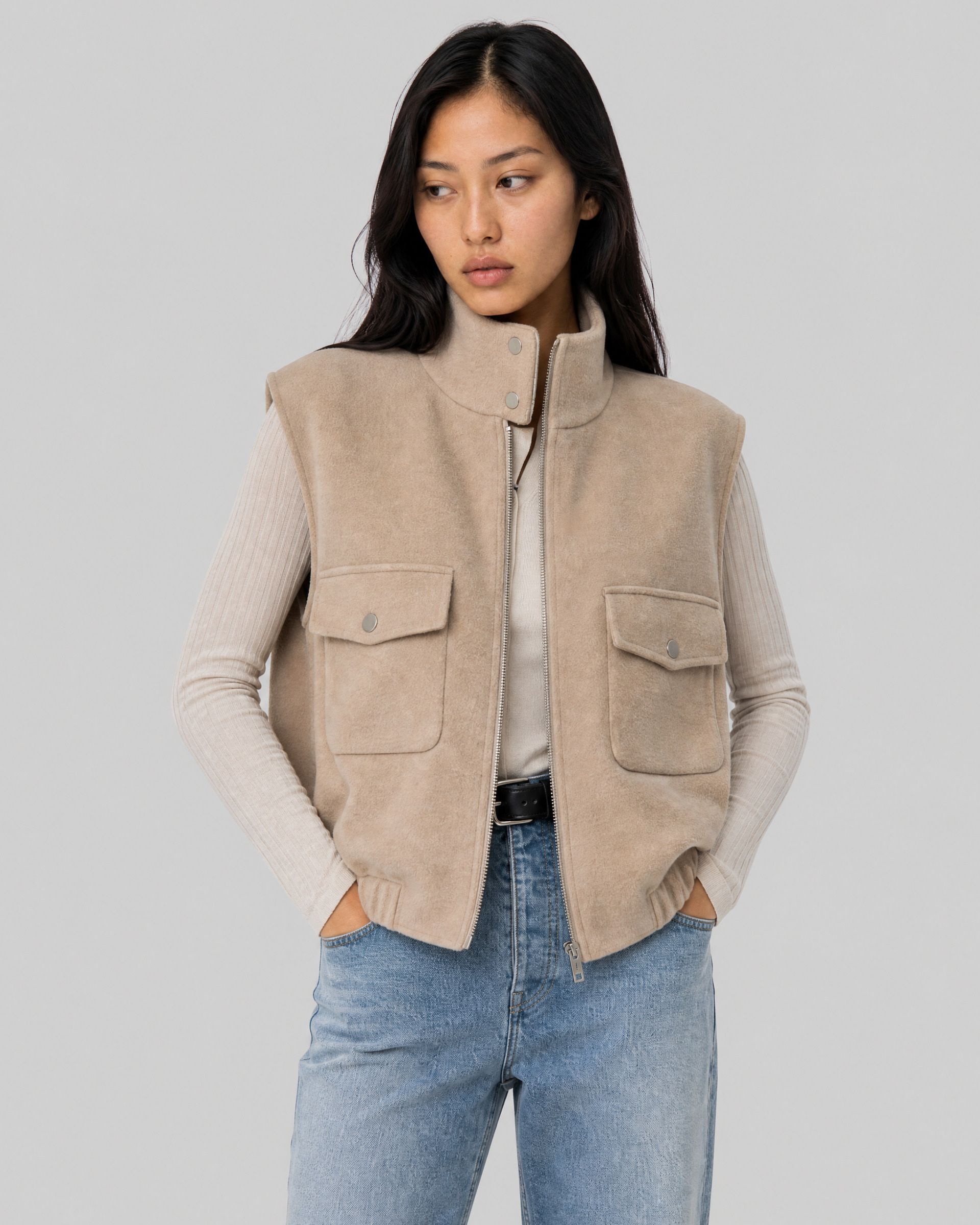 Beige reversible wool sleeveless jacket
